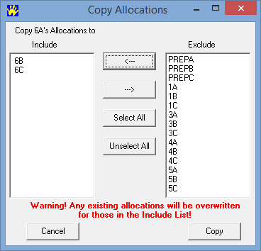 Copy Allocations (Copy 6A's allocations to, selections)