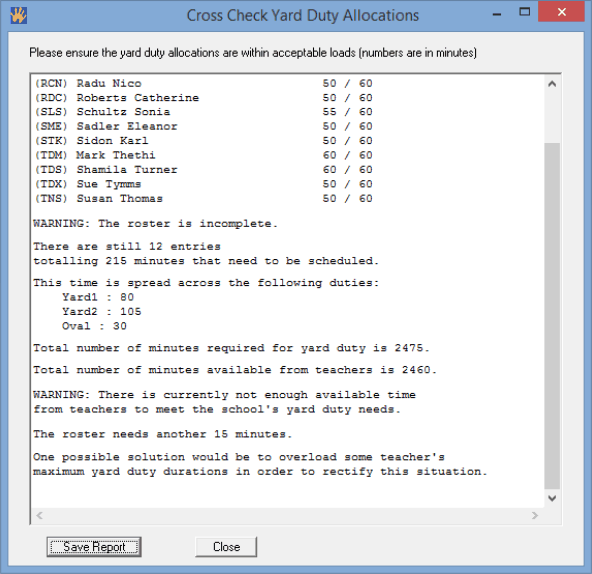 Cross Check Yard Duty Allocations