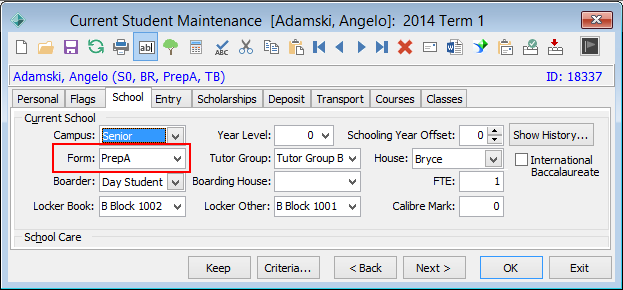 Current Student Maintenance - School tab (Adamski, Primary Time, cut down)