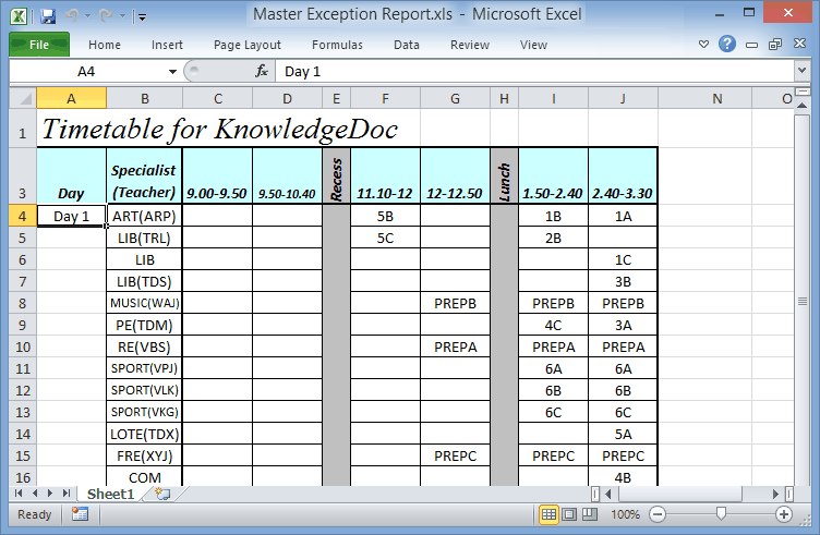 Output (Excel, Master exception report)