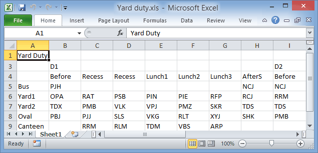 Excel (Teacher Limits for Yard duty)
