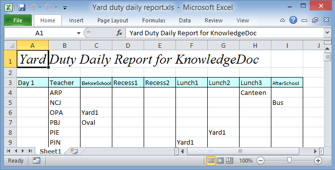 Excel (Yard duty daily report)