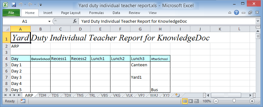 Excel (Yard Duty Individual Teacher Report, All Teachers)