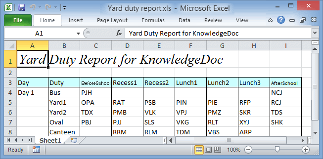 Excel (Yard duty report)
