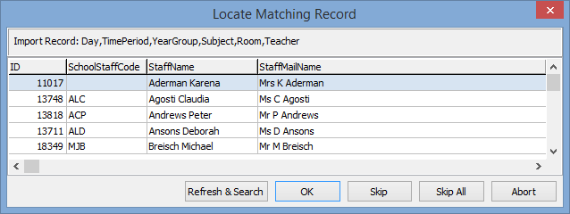 Locate Matching Record (Timetable Import Export, PrimaryTime)