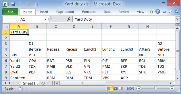 Microsoft excel (export yard duty display)