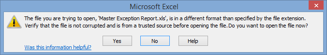 Microsoft Excel warning (Excel, Master Exception Report)