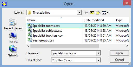 Open (Import specialist rooms, file name selected)