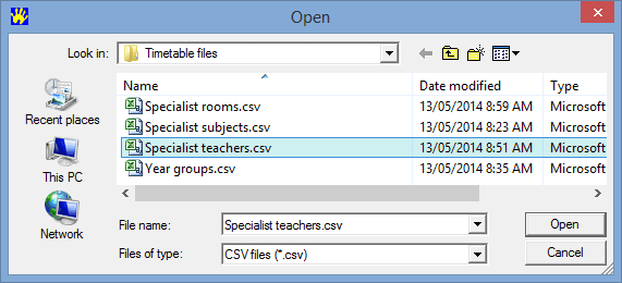 Open (Import specialist teachers, file name selected)