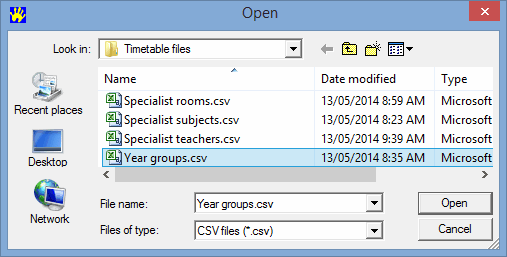 Open (import year groups, file name selected)
