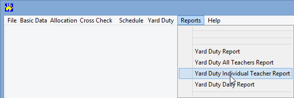 Primary Time Menu, Reports, Yard Duty Individual Teacher Report
