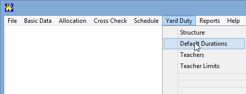 Primary Time menu, Yard Duty, Default Durations