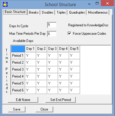 School Structure - Basic Structure tab (5 days, 6 periods)