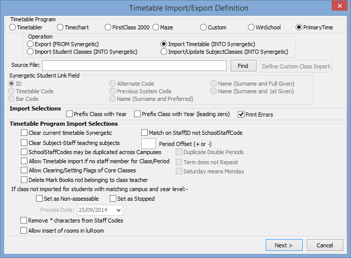 Timetable Import Export Definition (PrimaryTime, Import Timetable, cut down)