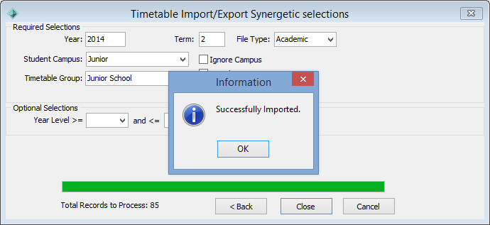 Timetable Import Export Synergetic selections (successfully imported)