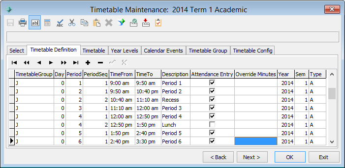 Timetable Maintenance - Timetable Definition tab (Junior school, Primary Time)