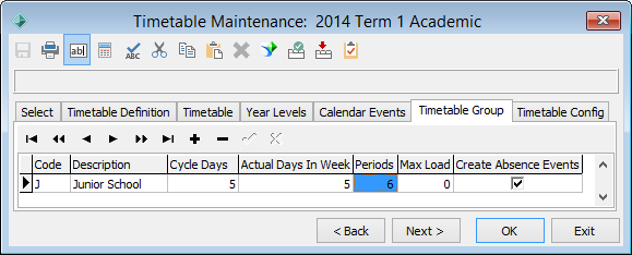 Timetable Maintenance - Timetable Group tab (Junior school, Primary Time)