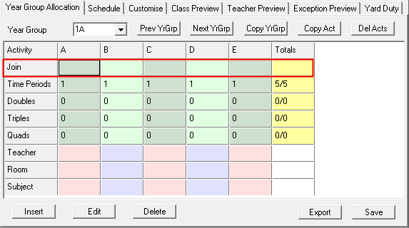 Year Group Allocation tab (Blank, joins, highlighted)
