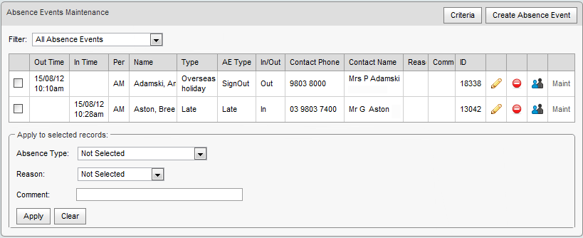 Absence Events Maintenance - populated from tag list (synweb)