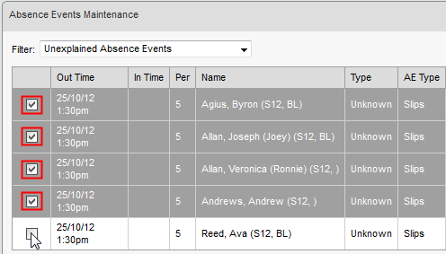 Absence Events Maintenance - Selecting Records for Bulk Set (Synweb)