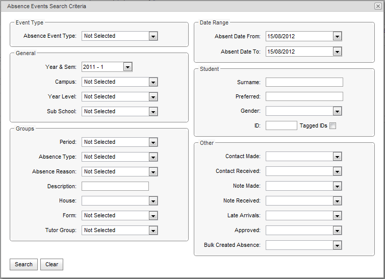 Absence Events Search Criteria window (synweb)
