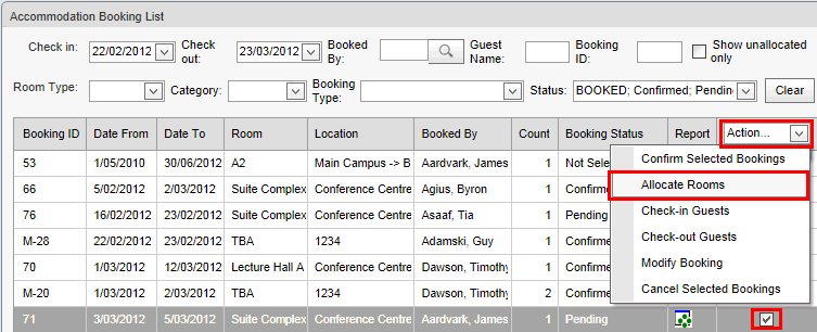 Accommodation Booking List (cut down, select room allocation)
