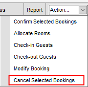 Accommodation Booking List (synweb, Action... drop down, Cancel highlight)