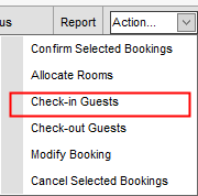 Accommodation Booking List (synweb, Action... drop down, Check-in highlight)