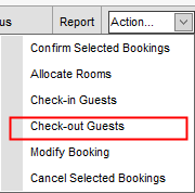 Accommodation Booking List (synweb, Action... drop down, Check-out highlight)