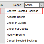Accommodation Booking List (synweb, Action... drop down, Confirm highlight)