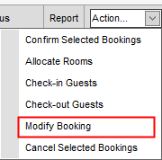 Accommodation Booking List (synweb, Action... drop down, Modify highlight)
