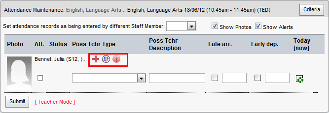 Attendance Maintenance (synweb, Student alert icons highlighted)