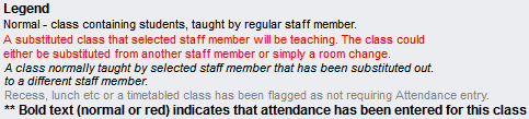 Attendance Maintenance Search window (Legend area)