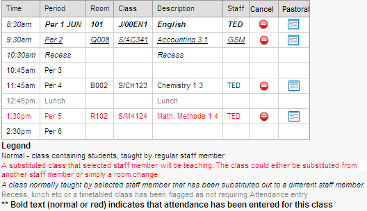 Attendance Maintenance Search (grid area, legend)