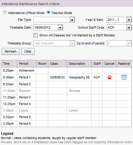 Attendance Maintenance Search window