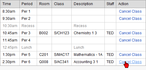 Attendance Maintenance Search window (Cancel Class link)