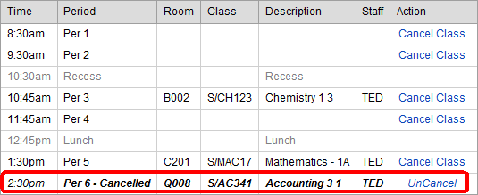 Attendance Maintenance Search window (cancelled class)