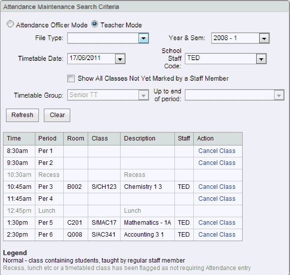 Attendance Maintenance Search window