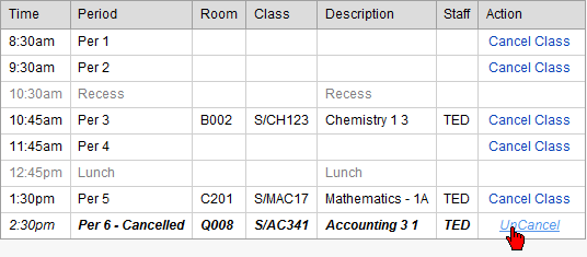Attendance Maintenance Search window (UnCancel link)