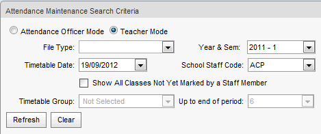 Attendance Maintenance Search window (selection area)