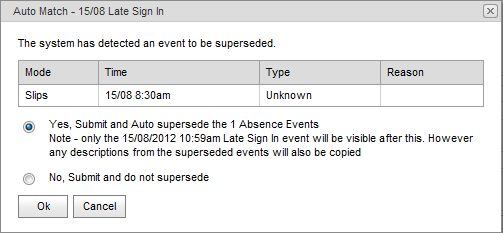 Auto Match window (synweb, creating an absence event)