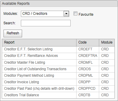 Available Reports window