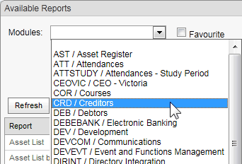 Modules drop-down list