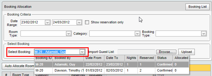 Booking Allocation (synweb, Select Booking field)