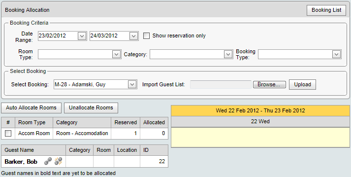 Booking Allocation (synweb, upload guest list)