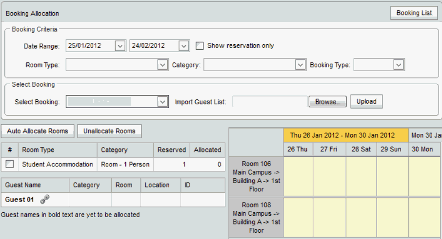 Booking Allocation window (synweb, student accommodation example)