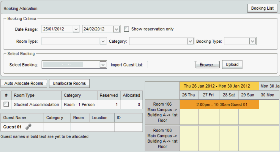 Booking Allocation window (synweb, student accommodation example, after allocating)