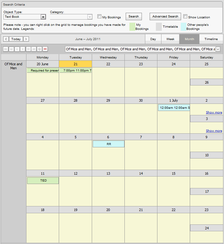 Bookings Maintenance - By Date (synweb, month view)