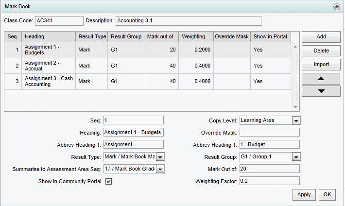 Class Maintenance - Mark Book bar (synweb)