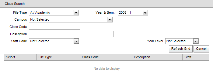 Class Search window